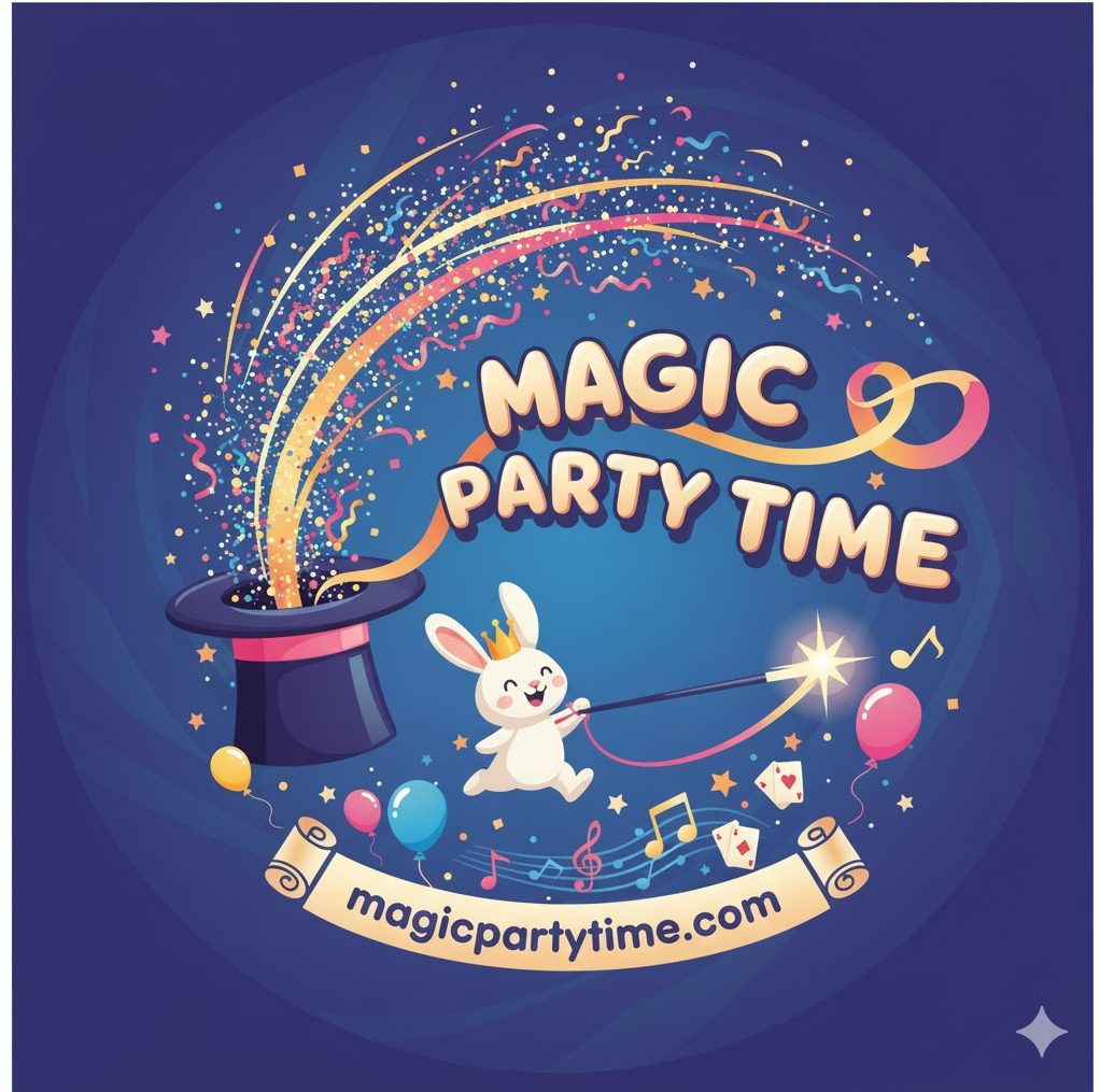 A lively logo for magicpartytime.com, featuring a cartoon rabbit with a magic wand and a top hat bursting with colorful confetti. The text reads "MAGIC PARTY TIME" above a scroll with the full website address.
